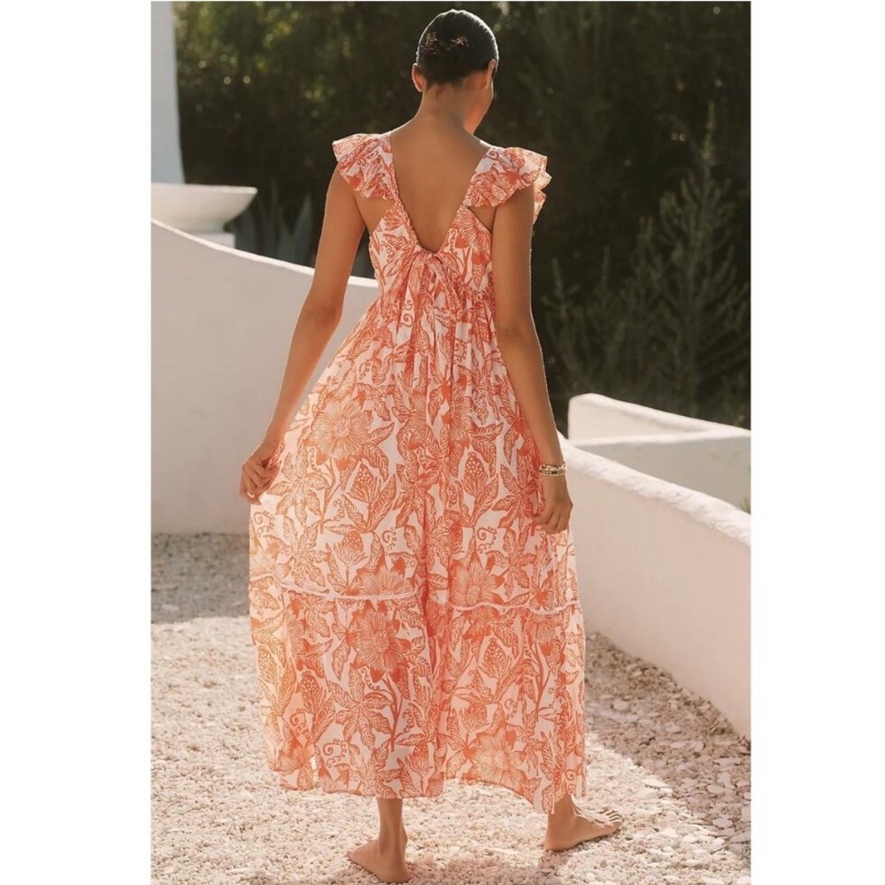 Ro's Garden Orange Floral Block-Print Tiered Maxi Dress Size M Anthropologie - Picture 2 of 7